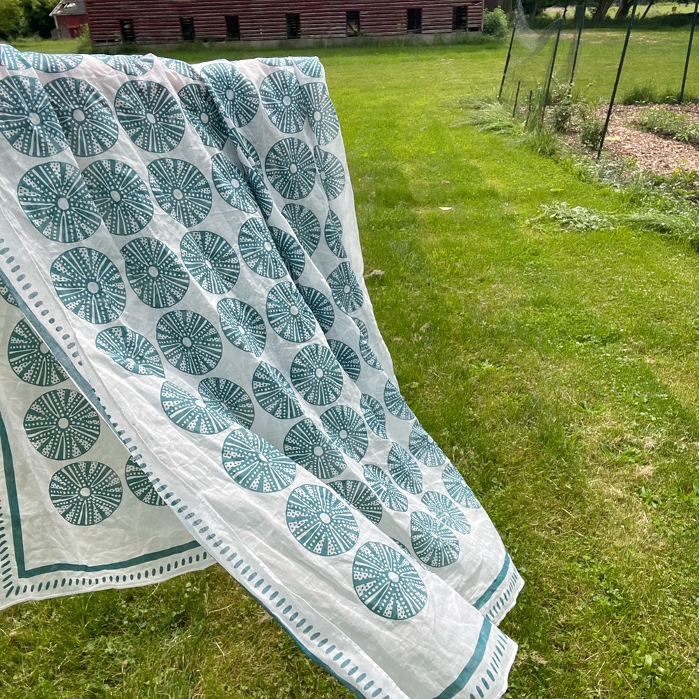 sea urchin print teal and white cotton sarong beach wrap coastal tropical